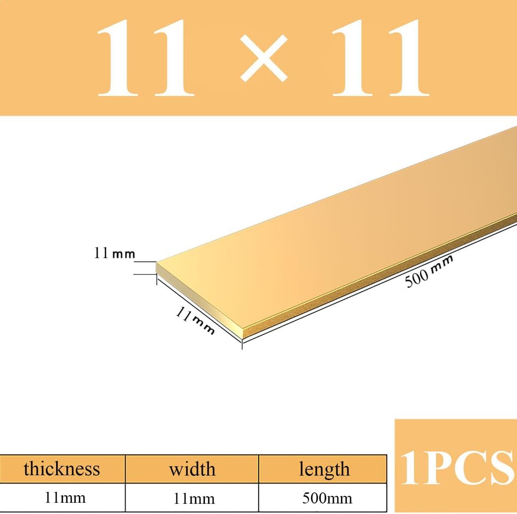 MRYBD Brass Flat Bar Stock Blank, 11Mm Thickness X11mm Width X 500Mm Length Solid Plates Mill Stock Strip Solid Brass Rectangular Sheet for Knife Making, Craft Hobby