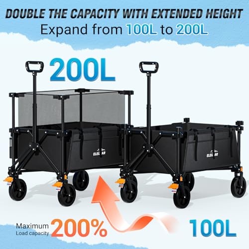 Foldable Wagon Cart,Elegear 200L Double Decker Collapsible Folding Wagon Cart with All-Terrain Wheels&Brakes, 440LBS Utility Outdoor Garden Cart Camping Beach Grocery Wagon for Camping Shopping Sports by Elegear - Image 3