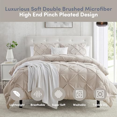 Image of Nestl Linen Duvet Cover Queen Size - Soft Double Brushed Duvet Set with Button Closure & Corner Ties, 3 Piece Luxurious Pinch Pleated Duvet Cover Set 90x90 Inches with 2 Pillow Shams