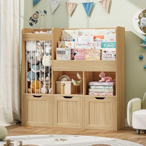 Halitaa Kids Bookshelf with 3-Tier Book Rack, Multi-Functional Storage Cabinet Bookcase with 3 Movable Drawers, Wooden Toy Organizer with Stuffed Animal Storage for Kids Room, Nursery, Oak