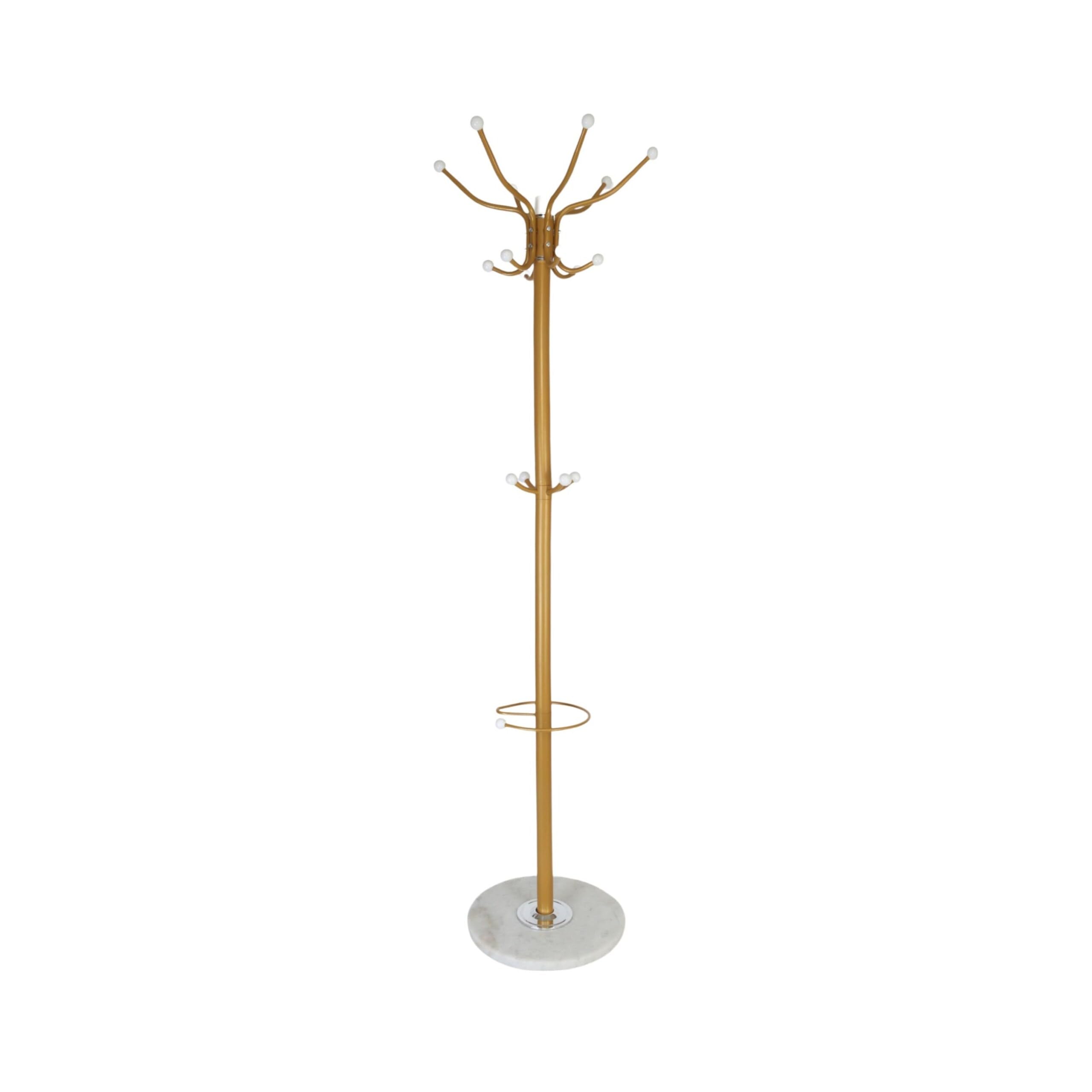 Relaxdays Garderobenständer mit Schirmständer, 16 Haken, H x D: 176,5 x 36,5 cm, Marmorfuß, Standgarderobe, Gold/weiß