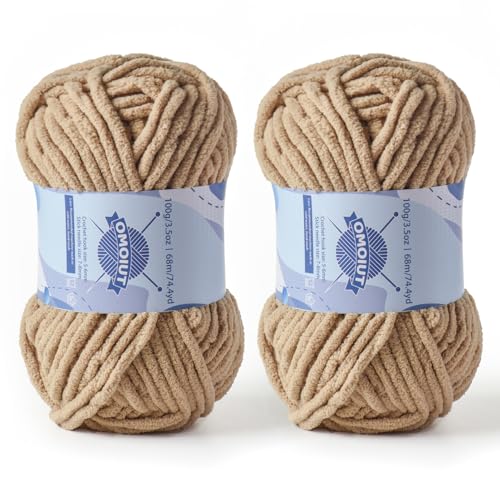 Image of 2 Pack Chunky Chenille Yarn for Crocheting, Baby Yarn for Crocheting Soft Blankets, Bulky Yarns for Crochet Amigurumi, 200g (148.7yds) Fluffy Velvet Yarns for Hand Knitting (2 Khaki)