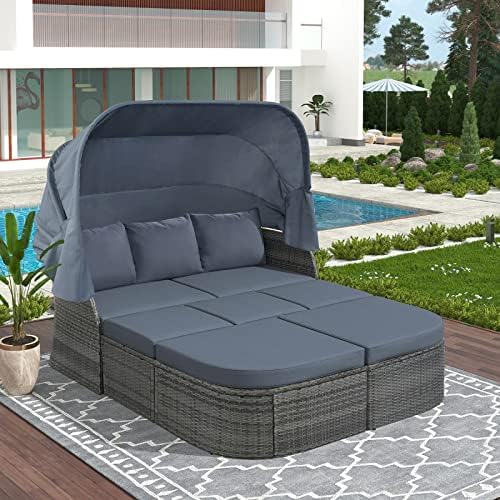 Winwee Patio Rectangle Daybed with Retractable Canopy, Outdoor Wicker Rattan Furniture Sets, Sectional Sofa Set with Height Adjustable Coffee Table, Rattan Conversation Sets (Gray)