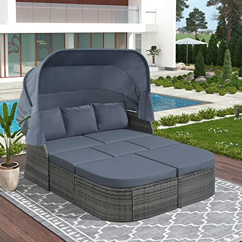 Winwee Patio Rectangle Daybed With Retractable Canopy, Outdoor Wicker Rattan Furniture Sets, Sectional Sofa Set With Height Adjustable Coffee Table, Rattan Conversation Sets (Gray) #TOP10