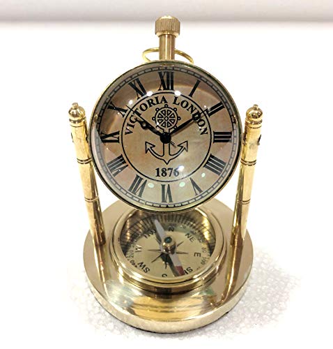 Marine Nautical Store Antique Victorian London Old Style Horloge en laiton avec boussole Vintage Bureau Table Décor