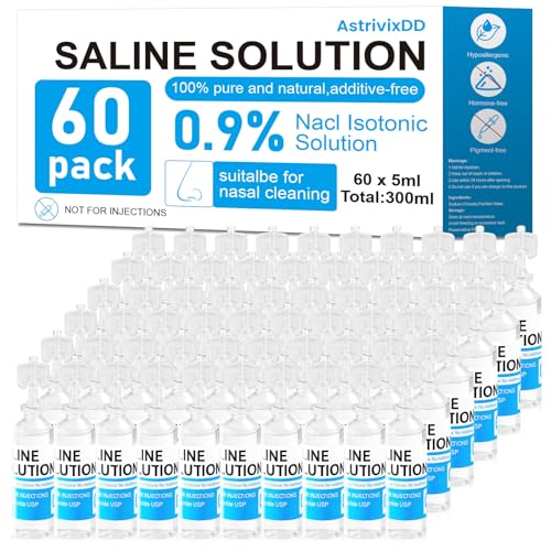 AstrivixDD 60 Pack 0.9% Saline Solution Sodium Chloride Normal Solution for All Ages Total 300ml 5ml Each
