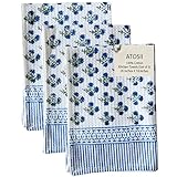 ATOSII 100% Cotton Hand Block Print Waffle Kitchen Towel, Set of 3, 18 x 26 Inches Ultra Absorbent Quick Dry Dish Towels, Reusable Sustainable Tea Towels for Cleaning and Drying, Gulbahar Blue