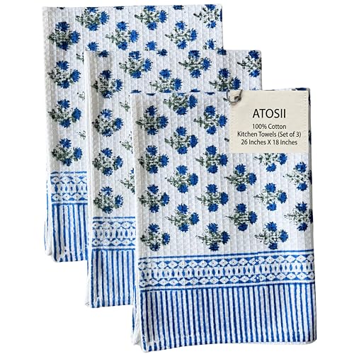 ATOSII 100% Cotton Hand Block Print Waffle Kitchen Towel, Set of 3, 18 x 26 Inches Ultra Absorbent Quick Dry Dish Towels, Reusable Sustainable Tea Towels for Cleaning and Drying, Gulbahar Blue