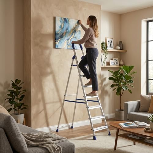 Image of CIPLA PLAST 7 Step Ladder for Home Use | Foldable Aluminium Ladder for Home with Scratch Resistant | Anti Skid Shoes and Extra Strong Wide Steps | Home Pro 7 Steps - GEC-L7 (Silver & Blue) (7 Steps)