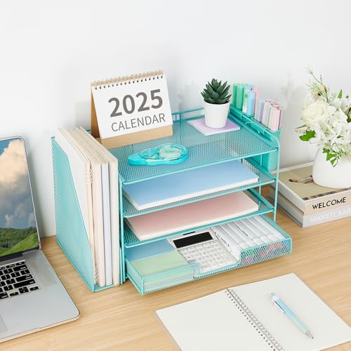 Image of OPNICE Desk Organizer, 4-Tier Desktop File Organizer with Drawer and Pen Holders, Office Desk Accessories, File Sorters, Workspace Organizers for Office Supplies(Teal Blue)