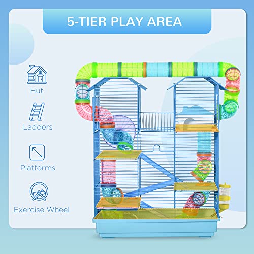Pawhut 18.5" 5 Tier Hamster Cage With Tubes And Tunnels, Small Animal Cage, Rat Gerbil Cage With Water Bottle, Food Dish, Exercise Wheel, Blue #TOP3