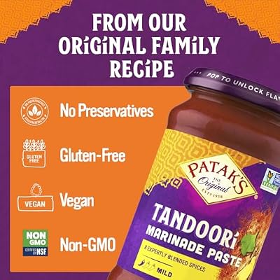 Pataks Tandoori Marinade Paste - Mild Indian Tandoori Paste with 8 Expertly Blended Spices - Gluten-Free & Vegan - Flavorful Chicken Marinade for Grilling, Baking & BBQ Cooking - 11oz Jar (Pack of 2)