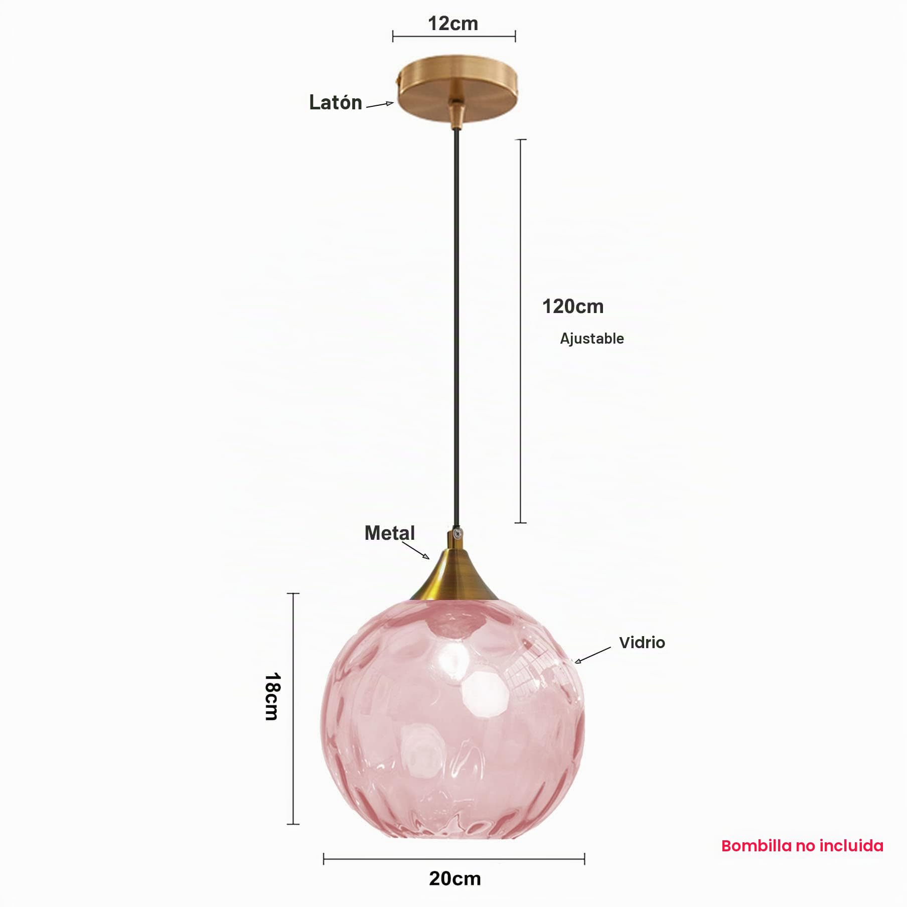 Luz colgante Globe de vidrio ondulado en acabado dorado,Lámpara Colgante de Techo Industrial Vintage E27 Loft Bar Comedor Cocina Iluminación - Rosado