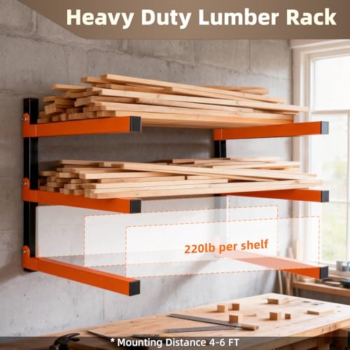 Aktivio Wall Mounted Lumber Storage Rack and Wood Organizer with 6-Level Holds Up 1320 LBS, Heavy Duty Steel Shelf Brackets for Garages Workshops & Outdoor Sheds, Space Saving Metal Wall Rack — view 3