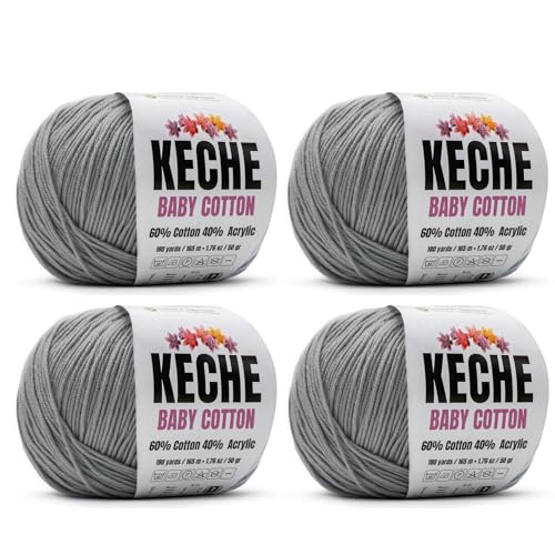 Image of Keche Cotton Yarn, 60% Cotton 40% Acrylic Yarn, Soft Cotton Yarn for Crochet and Knitting, Amigurumi Yarn 4 Skeins /Balls [1.76 Oz (50g) / 180 Yrds (165m)] x 4 - Grey