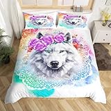 Erosebridal Wolf Bedding Set Lotus Tie Dye Comforter Cover Mandala Flower Exotic Tribal Duvet Cover for Kids Boys Girls Green Eyes Wild Animal Marble Bedspreads Cover 2Pcs Twin Size Purple Pink