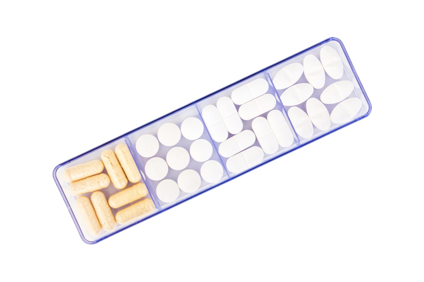 Pilulier 7 jours + 1 extra à 4 compartiments extra large | Matin, midi, soir, nuit | Boîte à médicaments avec étui | Pilulier amovible individuellement | Medimax de Kibodan Danmark