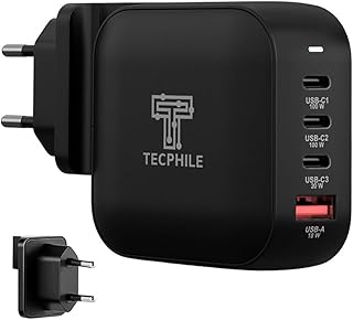 TECPHILE 165W Gan Charger For Macbook,iPad,Galaxy S25/S24,HP/Dell Laptops With 4 Ports(3 TYPE-C+1 USB-A)PD Charger Adapter...