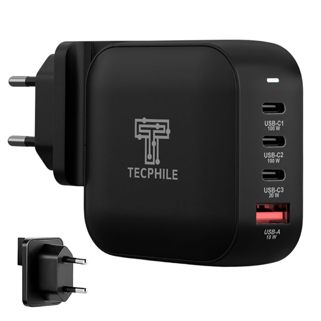 165W Gan Charger For Macbook,iPad,Galaxy S25/S24,HP/Dell Laptops With 4 Ports(3 TYPE-C+1 USB-A)PD Charger Adapter With EU(Indian)Plug,Portable Wall Adapter PD3.1,QC3.0,PPS,& MTK PE+,Black