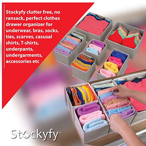 Stockyfy Foldable Cloth Dresser Drawer Organizer – Pack of 6 – Drawer Divider – Storage Box – Closet – Basket Bins for Underwear, Nursery, Bras, Socks, Clothes – Light Grey with White Piping - Thumbnail 4