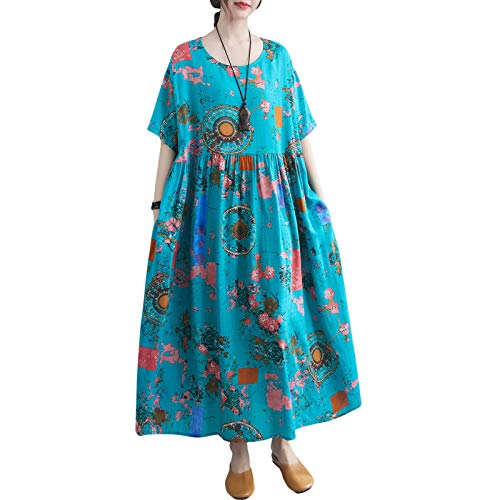 Versear Floral Boho Kaftan Maxi Robe Coton Manches Courtes Casual Robe Été Surdimensionné Robe de Plage Casual Robes avec Poches, Blau, Taille unique Cover