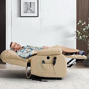 COCOLHOME Infinite Position Power Lift Chair Lay Flat Recliner Dual Motor Sleeper Chair with Massage and Heating for Elderly, USB Ports and Remote Control, Genuine Leather(Beige)