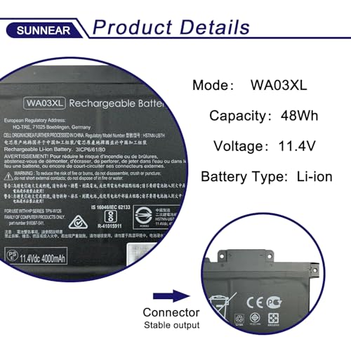 Image of WA03XL Laptop Battery for HP Pavilion X360 14-BA 15-BK 15-BR 15-BR001TX Series Notebook WA03XL 916367-541 HSTNN-UB7H TPN-W126 48Wh /4212mAh 11.4V