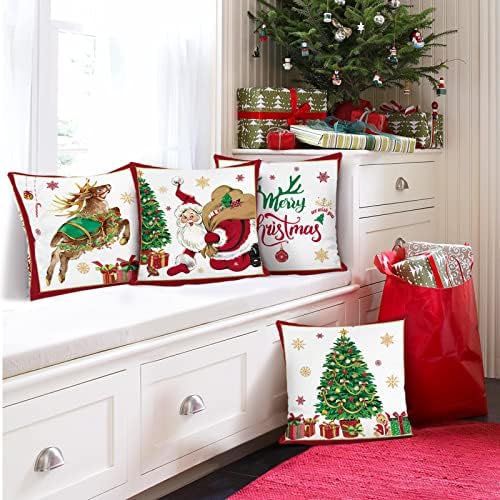 Bonhause Christmas Reindeer Snowflake Cushion Covers Set of 4 Santa Claus Christmas Tree Pillow Covers Soft Velvet Decorative Pillowcase for Sofa Couch Christmas Home Decor, 45 x 45 cm
