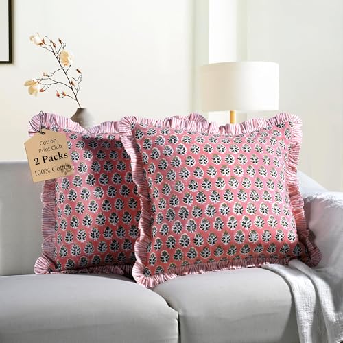 CPC Poppy Pink Ruffle Throw Pillow Covers for Couch, 18x18 Inch Cotton Stripe Ruffle Couch Pillows for Living Room, Hidden 14 Inch Zipper Boho Pillow Case or Cute Outdoor Pillows
