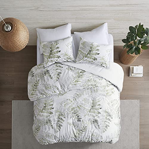 Madison Park Sateen Cotton Comforter Set, Breathable, Soft Cover, Modern Print, All Season Down Alternative Cozy Bedding with Matching Shams, Palm Leaf Green, Queen 3 Piece