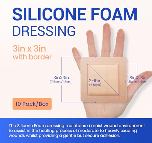 Image of Large Waterproof Bandages 3x3 Silicone Foam Dressing Sensitive Skin, 10 PCS | Bioemmalab Wound Dressing, Adhesive Cohesive Pad with Border, First Aid, Post Surgical and Trauma Care, Sore, Burn, Pressure
