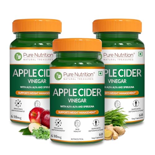 Image of Pure Nutrition ACV Apple Cider Vinegar Tablets | Control Craving | ACV for Weight Loss & Detox with Wheat Grass & Spirulina for Enhanced Wellness | Rich in Antioxidants | Supports Weight Management, Detoxification & Immunity - 60 Veg Capsules (Pack of 3)
