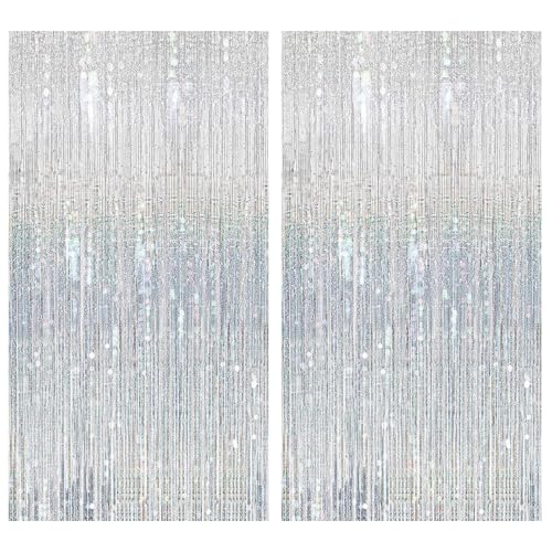 JOZMMZEOOA Metallique Rideaux Franges 2 Pièces Paillette Anniversaire Déco Franges Rideau 1M X 2M Métallique de Frange Brillant,pour Toile de Fond Anniversaire Décoration Mariage Les Fêtes(Argent)