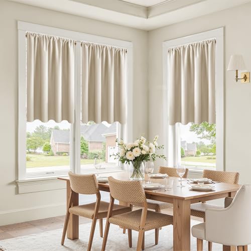 CUTEWIND Scheibengardine Küche Bistrogardine Blickdicht 2er Set Beige H 60 x B 90 cm, Küchengardine Scheibengardinen mit Stangendurchzug Modern Küchenfenster für Wohnmobil Kleine Fenster