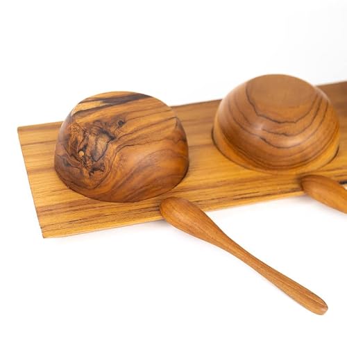 Rainforest Bowls Set Of 3 Javanese Teak Wood Condiment Dipping Bowls W/Tray & 3 Spoons- Hot & Cold Friendly, Ultra-Durable - Exclusive Luxury Custom Design Handcrafted By Indonesian Artisans #TOP4
