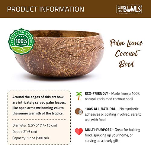 Rainforest Bowls Set Of 2 Jumbo Palm Leaves Coconut Bowls, 2 Wooden Spoons & 2 Reusable Bamboo Straws - 100% Natural, Hand Carved By Artisans, Eco-Friendly & Sustainable - Smoothie/Acai/Salad Bowls #TOP6