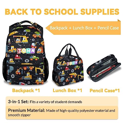 Custom Construction Backpack with Lunch Box, Personalized Set of 3 School Backpacks Matching Combo, Cute Lightweight Truck Excavator Bookbag and Pencil Case Bundle3