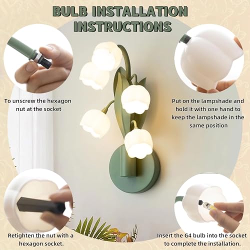 Image of Flower Wall Sconce Light 5 Lily of The Valley Lights Flower Wall Light Fixture with 3 Color, Floral Wall Sconces Lily Bedside Wall Lamps with G4 Led Bulbs for Bedroom, Living Room (Green)