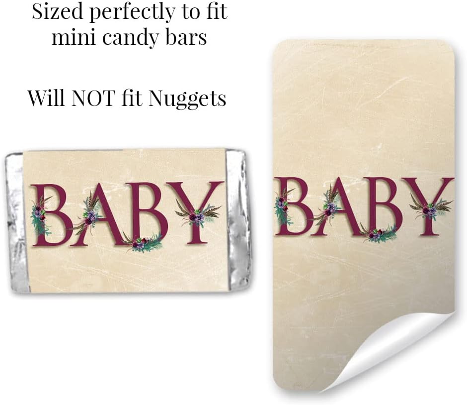 Amanda Creation Rustic Boho Succulents, Pine, Feathers Baby Sprinkle Baby Shower Mini Chocolate Candy Bar Sticker Wrappers, 45 1.4" x 2.6" Wrap Around Labels, Great for Party Favors image 5
