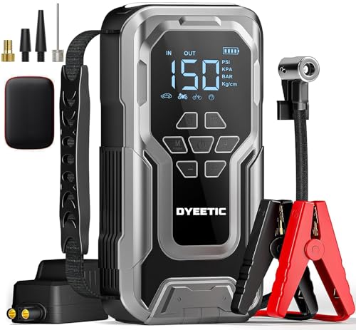Portable Car Jump Starter with Air Compressor, 6000A 150PSI Car Battery Jump Starter (All Gas/10.0L Diesel Engines), 12V Pack Jump Box Portable with, Digital Display, Power Bank,Smart Jumper Cable