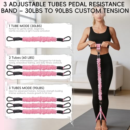 TRSAIM 2026 Upgraded Pedal Resistance Bands with Handles, 30-90LBS Adjustable 3-Tube Home Gym, Full Body Workout for Abs/Arms/Legs/Core, Portable Foot Pedal Exercise Bands for Women & Men (Pink) — view 2