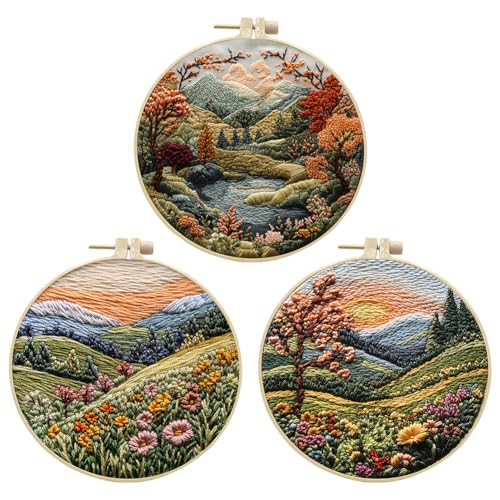 Image of EUBUY Landscape Embroidery Kits for Beginners, Embroidery Kits for Beginners Adults, Beginners Embroidery Starter Kit with Pattern, Needle Thread DIY Embroidery Material Kit