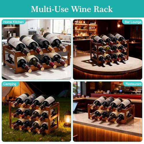 Fentar Weinregal für 12 Flaschen, 3-stöckiges Flaschenregal, Natürliches Weinregal Stapelbar aus Bambus, Stabiles Weinständer, Weinregale Schmal, Weinflaschenregal für Küche Bar Keller, 43*23.5*25cm