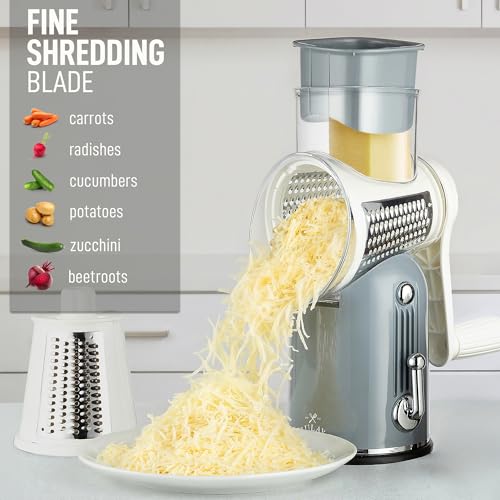 Image of Zulay Kitchen Rotary Cheese Grater 5 Blade Cheese Shredder - Manual Hand Crank Cheese Grater With Reinforced Suction & 5 Interchangeable Drums - Easy to Use, Vegetable Chopper Round Mandoline Slicer