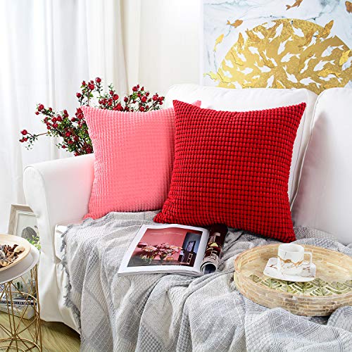 Mernette New Year/Christmas Decorations Corduroy Soft Decorative Square Throw Pillow Cover Cushion Covers Pillowcase, Home Decor For Party/Xmas 18X18 Inch/45X45 Cm, Red, Set Of 2 #TOP3
