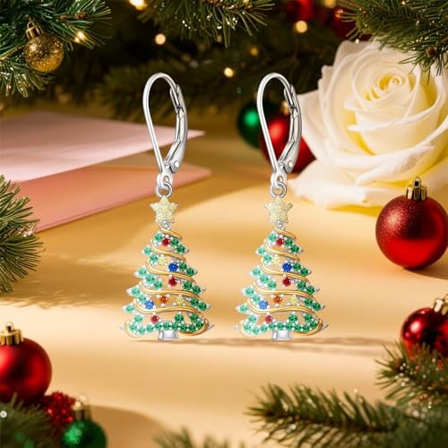 Christmas Earrings Christmas Tree Earrings for Women Sterling Silver Ribbon Green Xmas Tree Colorful Zircon Winter Dangle Studs Holiday Jewelry Gifts3