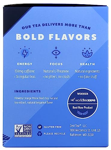 Zest Tea Premium Energy Hot Tea, High Caffeine Blend Natural & Healthy Traditional Black Coffee Substitute, Perfect For Keto, 150 Mg Caffeine Per Serving, Earl Grey Black Tea, Tin Of 15 Sachet Bags #TOP5