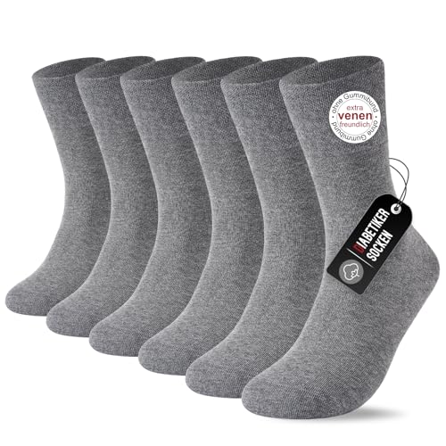 SockWaddles 6 pares de Calcetines diabéticos sin elástico ni costuras, 97% algodón, calcetines sin costuras hombre y mujer con puño cómodo, gris, talla 39-42