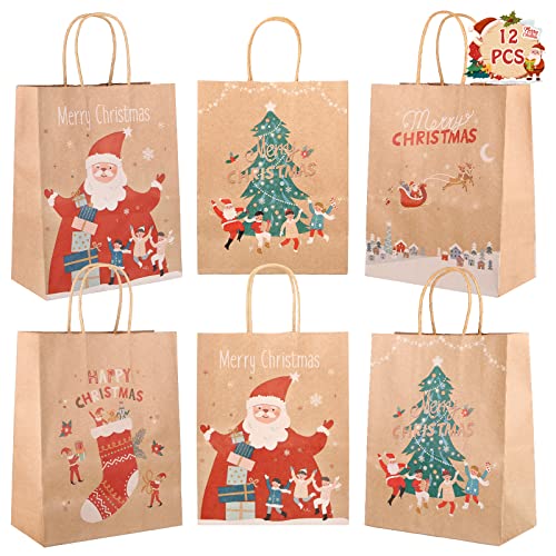 Moncolis 12 Stück Geschenktüten Weihnachten Papiertüten mit Henkel Weihnachtsdrucken Weihnachts Tasche zum Verpacken von Geschenken Geburtstag Kinder Gastgeschenke Cover