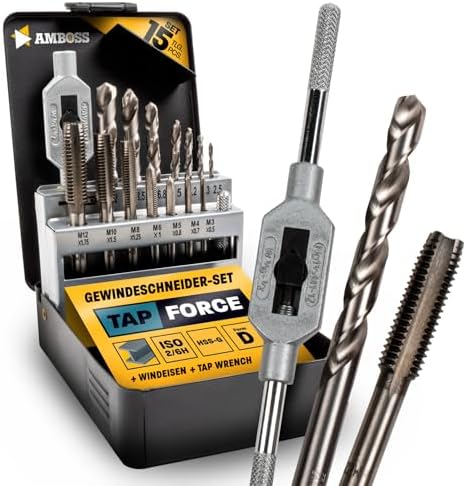Gewindeschneider Set Metrisch, M3 - M12, 15tlg. HSS-G/Windeisen/Amboss Tap Force/Gewindeschneidsatz, Gewindeschneidsortiment, Schneidsatz, Gewindebohrer Set / M3 & M4 & M5 & M6 & M